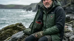 A mid-shot of a British fisherman sitting on the coast wearing a hooded heated angling jacket over a fleece layer with the power bank accessories nearby.