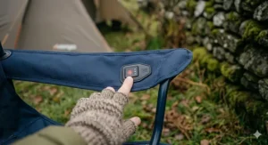 The three-level heat setting controller on the armrest of a heated camping chair.