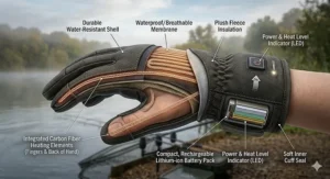 Diagram illustrating the internal carbon fibre heating elements inside heated gloves for fishing, covering fingers and the back of the hand.