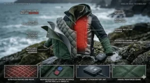 An exploded view infographic showcasing the technical layers of the heated fishing jacket, including the waterproof outer shell, carbon fibre grid, breathable membrane, and durable reinforced seams.