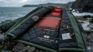 A detailed technical diagram of the inside of a green fishing jacket, highlighting the layered insulation, carbon fibre heating grid glowing red, and an integrated power management pocket.