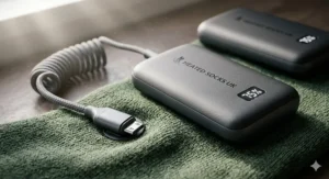 Close-up of a slim, curved lithium-ion battery pack tucked into the calf pocket of a grey merino wool heated sock.