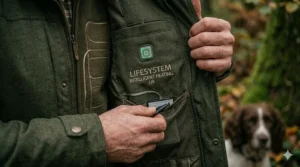 Internal view of a heated hunting jacket showing a hand connecting a rechargeable battery pack inside a dedicated mesh lining pocket.