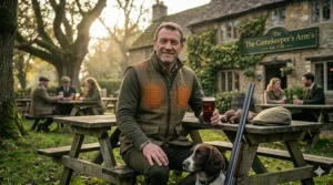 A portrait of a hunter with active chest-heating elements visible on his green heated hunting jacket, carrying his shotgun and game bag.