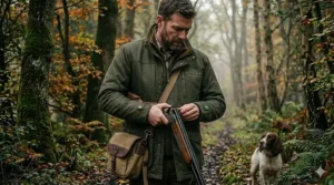A gamekeeper wearing a weatherproof heated hunting jacket stands on a muddy path while loading cartridges into his shotgun.