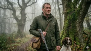 An experienced hunter wearing a durable green heated hunting coat looks into the distance next to an old oak tree and his spaniel.