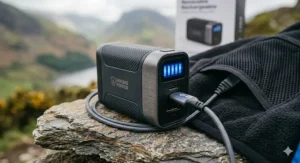 A close-up of a compact, removable power bank stored in the internal zip pocket of a hiking jacket.