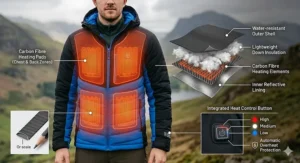 An illustration showing the chest and back carbon fibre heating zones within a padded hiking jacket.