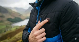A close-up view of the LED power button on the chest of a heated jacket, showing different colour settings for heat adjustment.