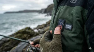 Close-up of a gloved hand pressing the weather-sealed LED control interface on the chest of a green waterproof fishing jacket, showing a high heat setting.