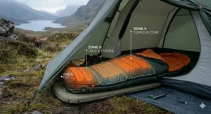 Alt text for image 3: A diagram showing the three core heating zones in a sleeping bag, targeting the feet, torso, and shoulders.