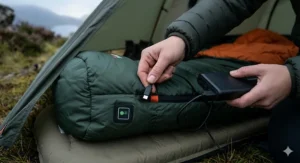 Alt text for image 2: Close-up illustration of a portable USB power bank connecting to a heated sleeping bag internal pocket.