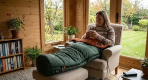 Alt text for image 7: An illustration of someone using a heated sleeping bag to stay warm while relaxing in a garden summer house.