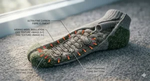 Diagram showing the placement of carbon fibre heating elements around the toes and sole of a hiking sock.