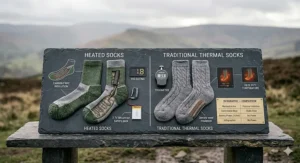A comparison table showing the warmth duration and TOG rating of heated socks versus traditional thermal trekking socks.