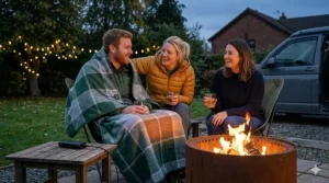 Friends gathered around a fire pit in a British garden using a heated throw to stay warm after sunset.