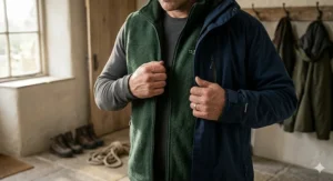 A person layering a fleece gilet and a waterproof jacket over a slim-fit heated thermal base layer for winter weather.