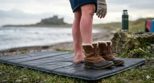 A swimmer standing on a waterproof, padded changing mat on grass, slipping their feet into thick sheepskin-lined boots to prevent heat loss.