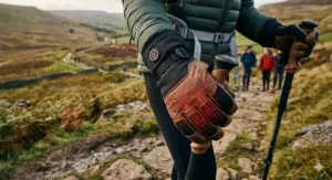 A hiker’s hands in heated gloves firmly grasping trekking poles on a rocky trail.
