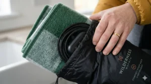 A heated camping blanket folded down into a compact, lightweight compression sack for hiking.