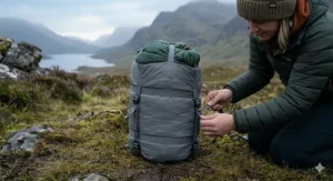 Alt text for image 6: A lightweight heated sleeping bag packed tightly into a grey compression stuff sack for hiking.