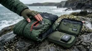 A neatly folded green and black heated fishing coat placed on wet coastal rocks next to an open, zipped Angler Heat storage case containing its power bank.