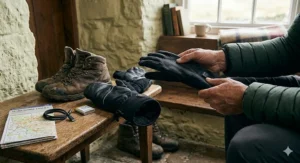 A demonstration of thin heated glove liners being worn under a heavy outer shell for extreme cold.