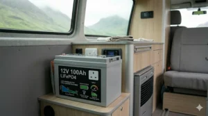 Infographic demonstrating the low amp draw of a 12v heater to preserve caravan battery life.