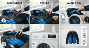 A step-by-step graphic showing the removal of the battery pack and the safe machine washing of a heated jacket.
