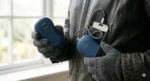 A person wearing grey woollen gloves holding two separate blue rechargeable hand warmers, demonstrating how the twin pack can be shared or used in separate pockets.