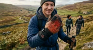 A man wearing black thermal heated gloves while trekking through a misty glen in the Scottish Highlands.