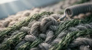 Detailed texture shot of breathable merino wool blend fabric used in electric socks for temperature regulation during winter hill walking.