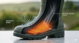 Diagram demonstrating moisture-wicking technology preventing sweat build-up inside heated waterproof socks during active outdoor sport.