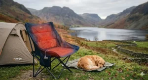 Top-down view showing the thick padding and integrated heating elements of a camping seat.