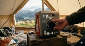 Illustration of the easy-to-use piezo ignition dial on a compact butane gas heater for camping.