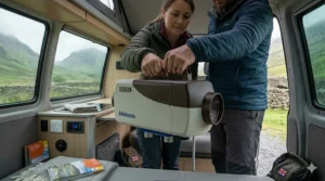 Compact 12v diesel heater with a robust carrying handle for easy transport between a car and a tent.