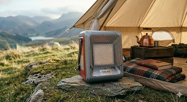 A portable butane camping heater being used inside a ventilated tent during a camping trip in the Lake District. butane camping heater