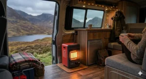 A small portable heater safely positioned on a heat-resistant surface inside a converted campervan.