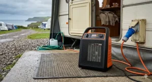 An angler using a compact portable camping heater inside a bivvy during a frosty morning of carp fishing in the UK.