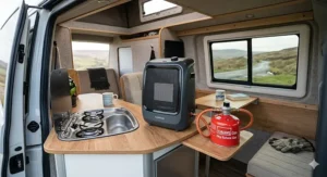 Graphic showing the ceramic burner plate of a portable camping heater distributing radiant heat across a living area.