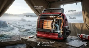 Technical diagram of a portable camping heater featuring an Oxygen Depletion Sensor (ODS) and flame failure device.
