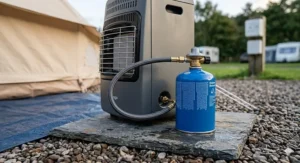 A portable gas camping heater powered by a standard UK screw-on butane canister on a level campsite pitch.