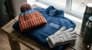 A breakdown of warm layers for cold water recovery, showing a thick woolly bobble hat, a thermal fleece jacket, and insulated gloves.