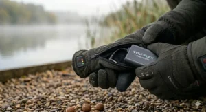 An angler inserting a slim rechargeable lithium battery into the zipped cuff pocket of a heated glove on a riverbank.