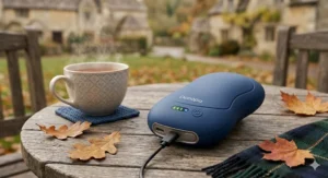 Close-up of a blue rechargeable hand warmer charging via a USB-C cable on a rustic wooden garden table next to a steaming mug of tea and autumn leaves.