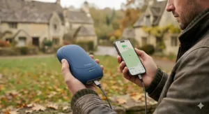 A person outdoors holding a blue electric hand warmer in one hand and a smartphone showing a map application in the other, with traditional British stone cottages in the background.