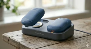 A dedicated dual-slot charging base on a wooden tabletop, with one blue rechargeable hand warmer docked and another hovering into place magnetically.