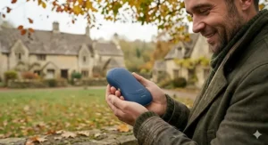 A man in a heavy winter coat and green scarf smiling as he cradles a warm blue electric hand warmer in both hands in front of a traditional Cotswolds stone village scene.
