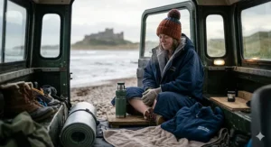 A wild swimmer sitting in the open boot of a car parked near a British loch, wrapping up in a warm dry robe and woollen layers.