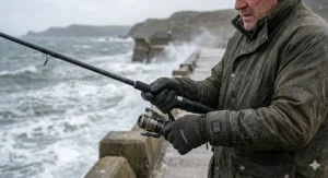 A sea angler bracing the cold wind on a coastal pier, wearing waterproof heated gloves while holding a sea fishing rod.
